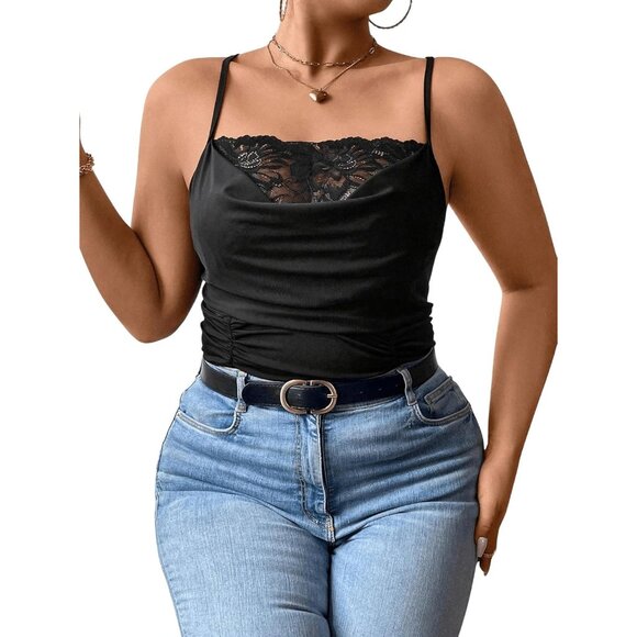 Women's Plus Size Lace Trim Ruched Cami Top Spaghetti Strap Draped Front - Picture 4 of 6